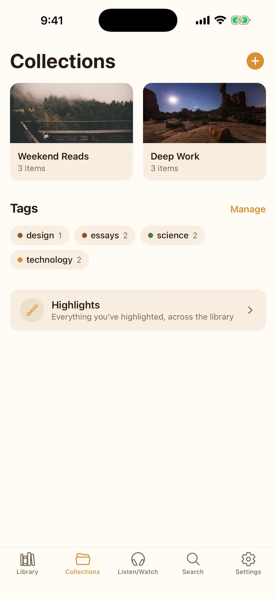 Collections tab showing collection cards with cover images, a tag browser, and the highlights entry point