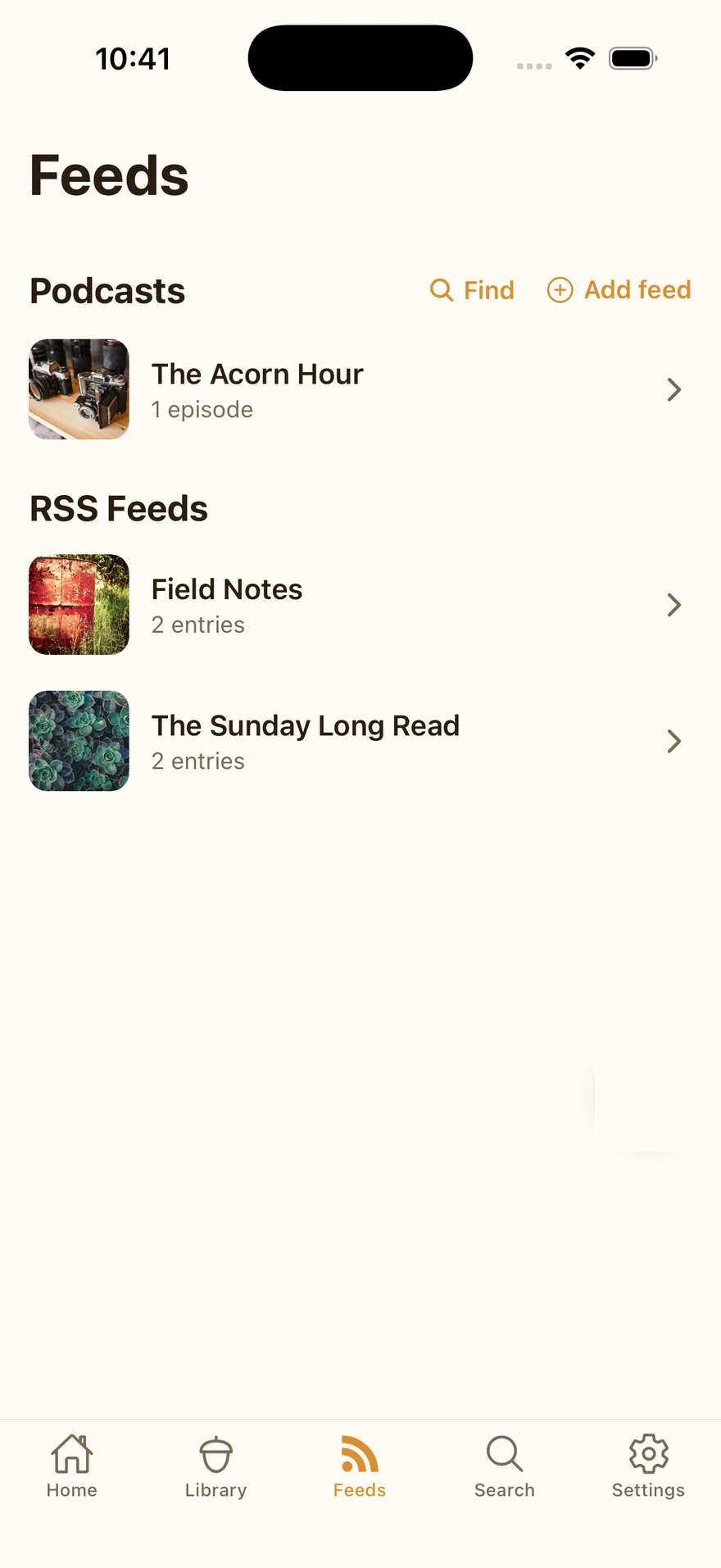 The Feeds tab showing Podcasts and RSS Feeds sections with subscriptions