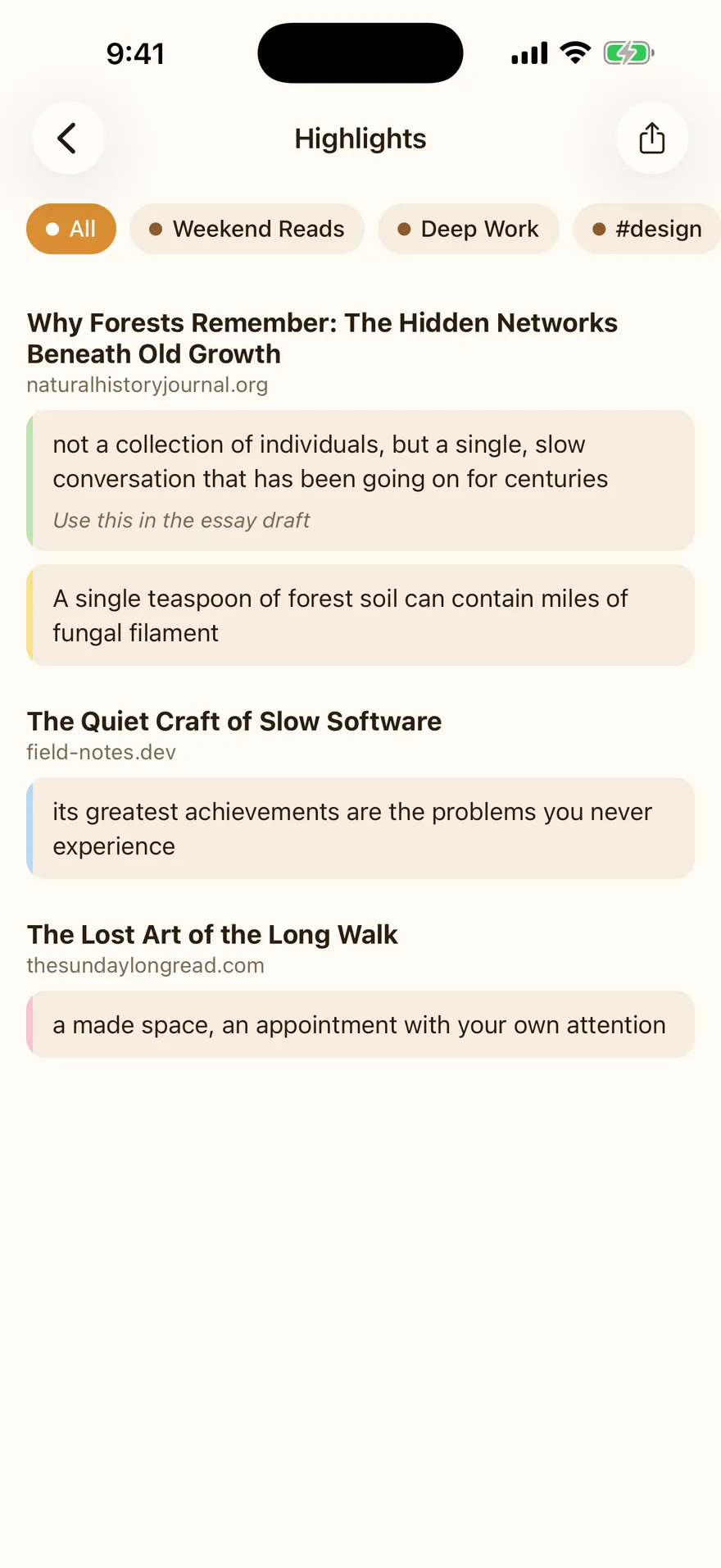The Highlights hub aggregating color-coded highlights and notes across articles