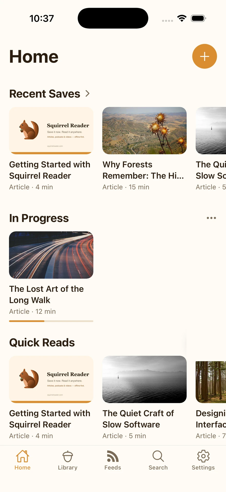 The Home tab in Compact layout showing Recent Saves, In Progress, and Quick Reads shelves