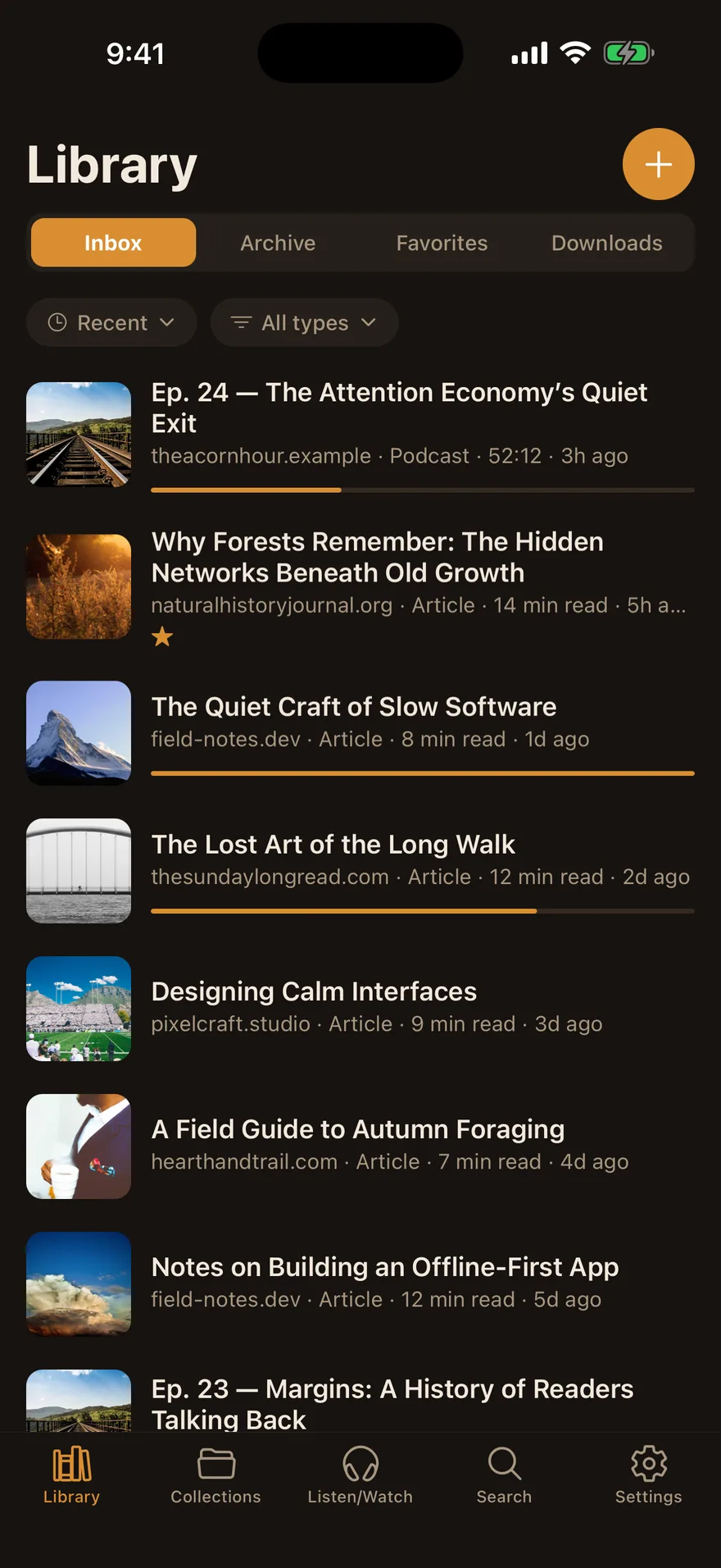 Squirrel Reader library in dark mode showing articles and podcasts with reading progress bars
