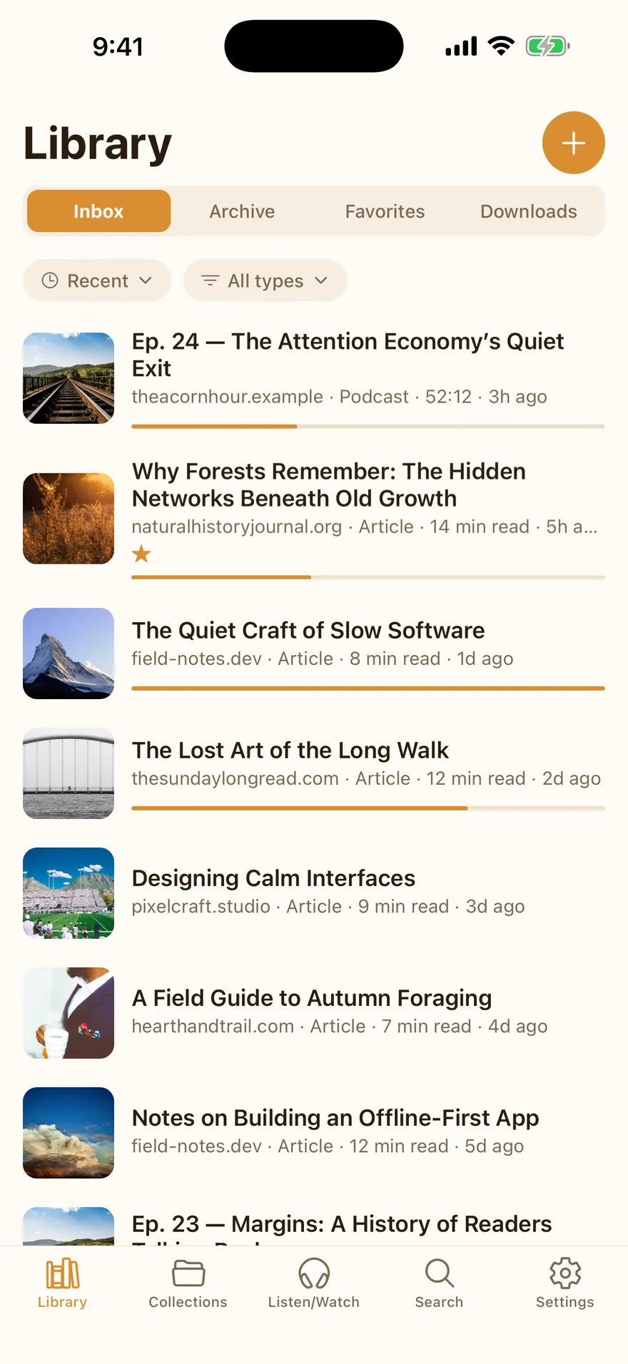 Squirrel Reader library showing saved articles and podcast episodes with reading progress