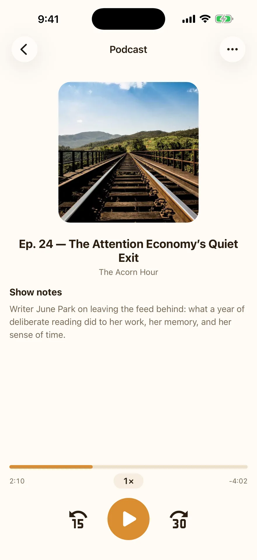 Podcast player with artwork, show notes, playback scrubber, and skip controls