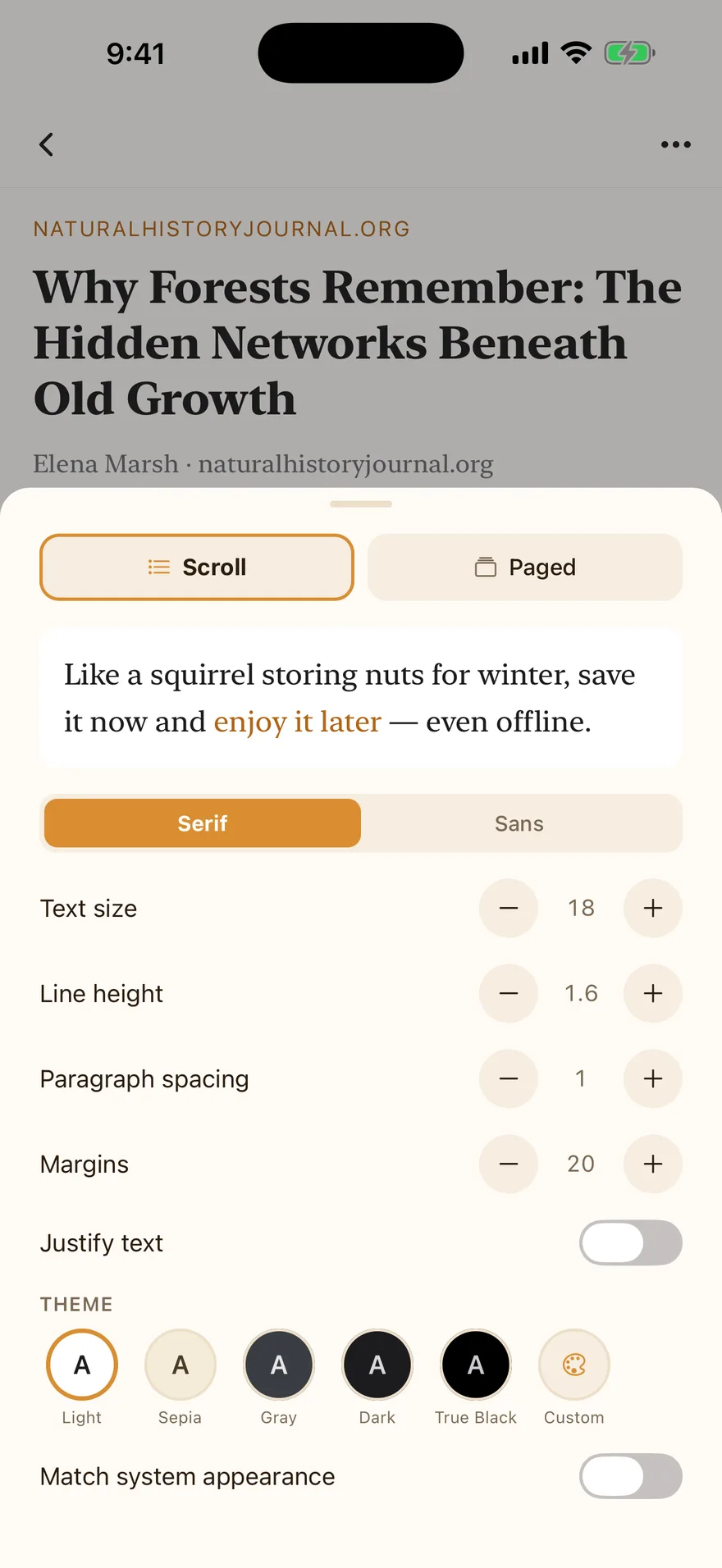 The Aa typography panel with scroll and paged modes, font controls, and the five reader themes