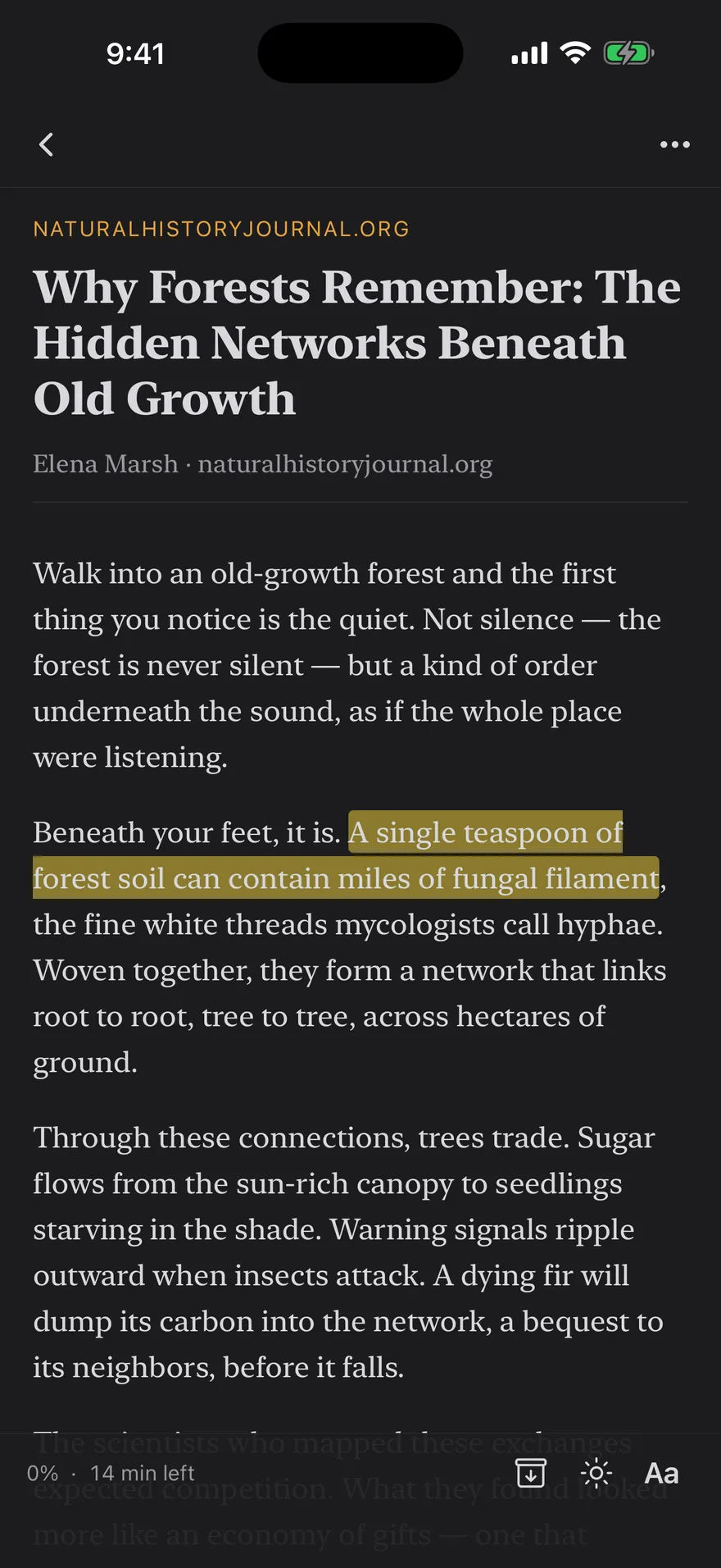 Squirrel Reader article in dark theme with a highlighted passage
