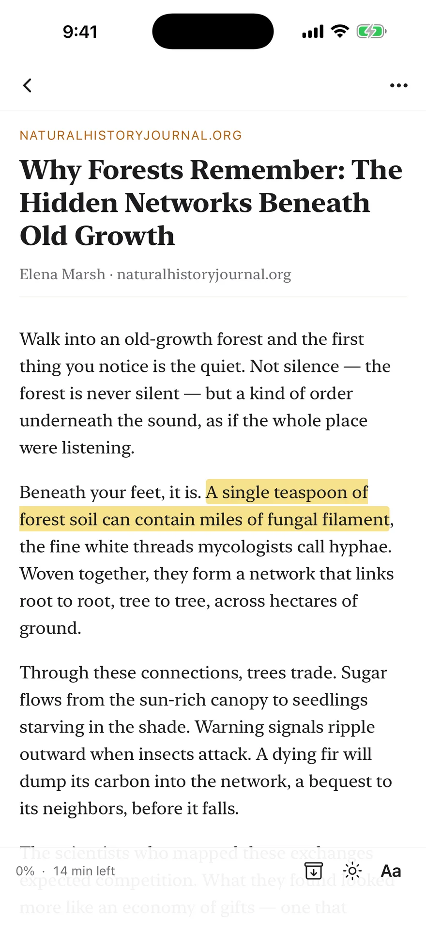 Squirrel Reader article view showing a cleanly parsed article with serif typography and a highlighted passage